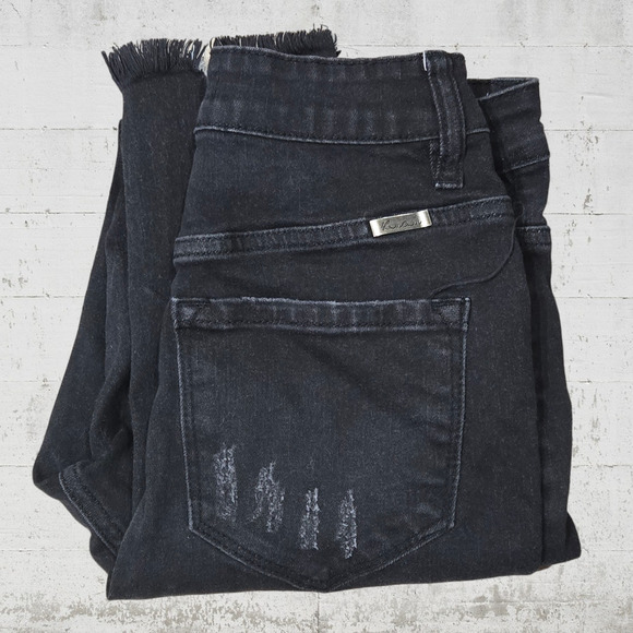 KanCan Black Denim Distressed High Waisted Fringe Fray Hem Skinny Jeans Size 25 - Picture 6 of 8